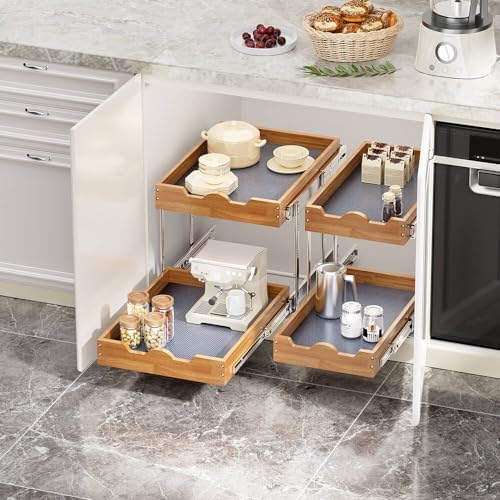 OCG Pull Out Drawers For Cabinets 14"W x 21"D, 2 Tier Heavy-Duty Sl...