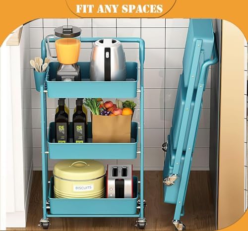 Foldable Utility Rolling Cart with Wheels No Assembly 3 Tier Metal Rolling Ca...