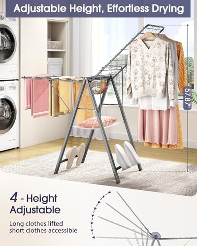 APEXCHASER Clothes Drying Rack, 67.3" L Height Adjustable, Foldable, Grey