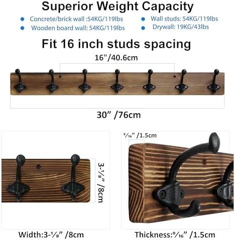WEBI Rustic Coat Rack Wall Mount,30" Long 7 Cast Iron Coat Hooks Wall Mo...