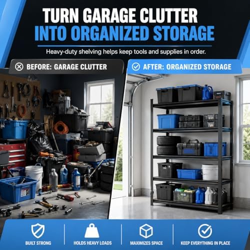 Heavy Duty Garage Shelving, 5 Tier Storage Shelves, 2500 LBS Adjustable Indus...