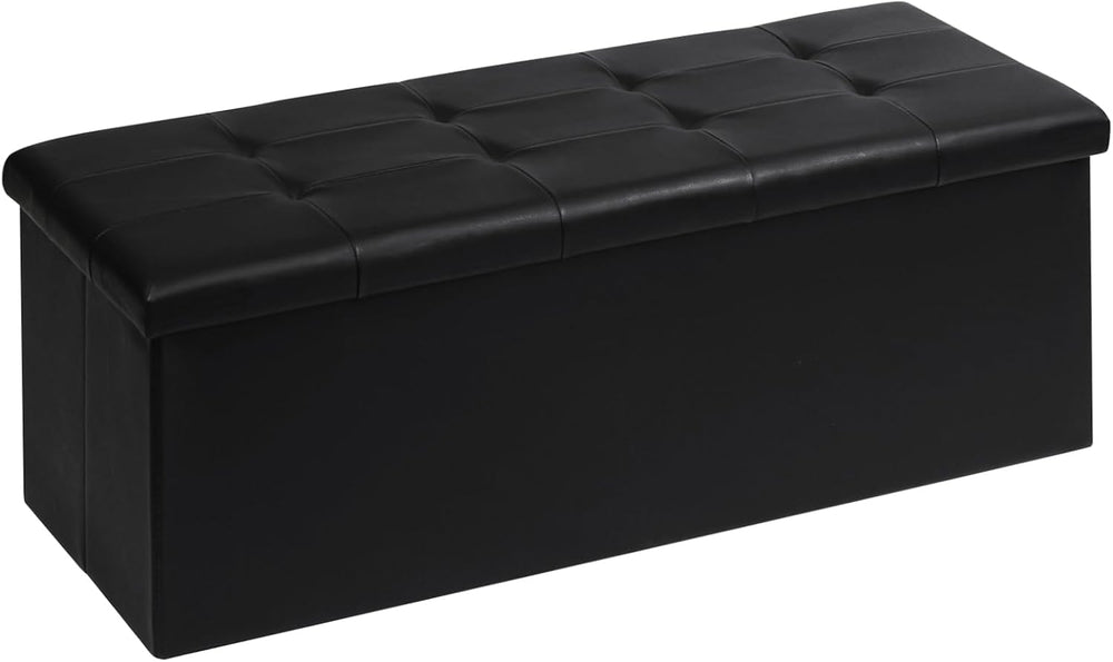 PINPLUS Folding Storage Ottoman Bench, Black Faux Leather