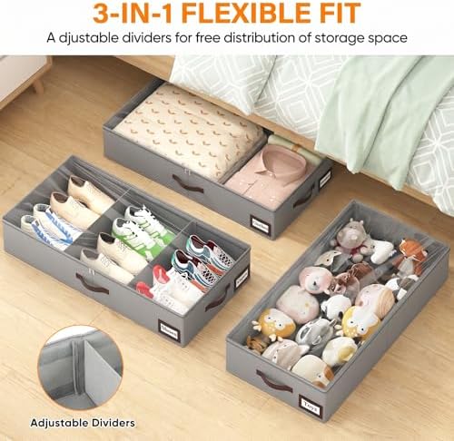 OIAHOMY 2 Pack 53L Under Bed Storage with Adjustable Dividers, 6" Low Pr...