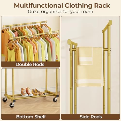 HYSEYY Double Rods Clothes Rack, Sturdy Rolling Clothing Rack, Portable Cloth...