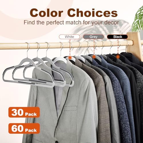 HOUSE DAY Non Slip Plastic Clothes Hangers 60 Pack with Rubber Pads, Grey