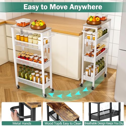 Vivihomety 4-Tier Slim Utility Rolling Laundry Cart with Wheels, Metal