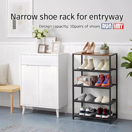 5 Tier Narrow Shoe Rack with Wood Top, Metal Shoe Organizer
