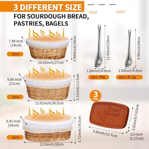Havawish 3 Pack Wicker Bread Baskets with Warmer Stones for Home Kitchen