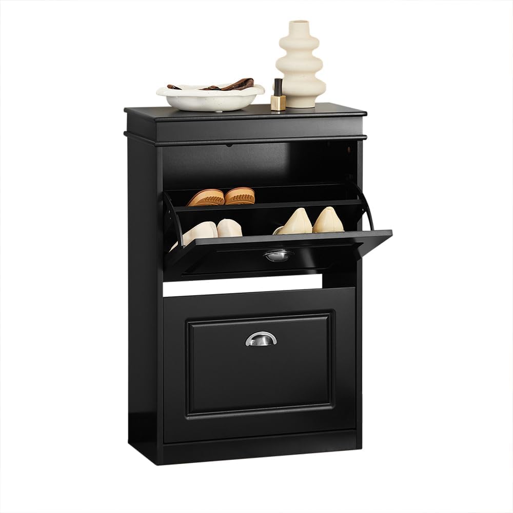 SoBuy Small Shoe Cabinet, Slim Shoe Rack 2 Flip-Drawers, Thin Shoe Storage Cu...