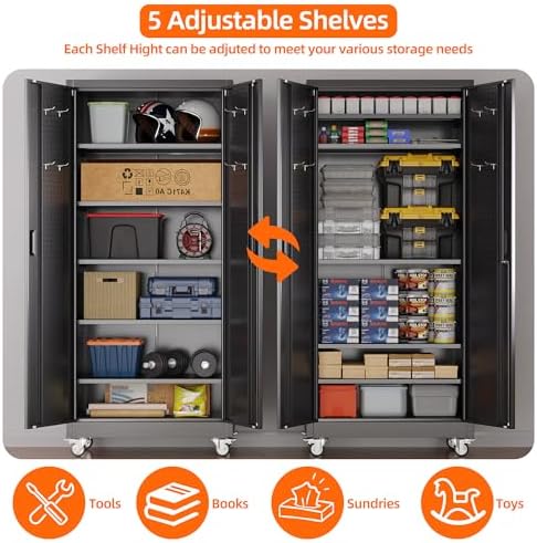 SUXXAN 71" Metal Garage Storage Cabinet with Wheels,Pegboard,Lock,5 Shelves