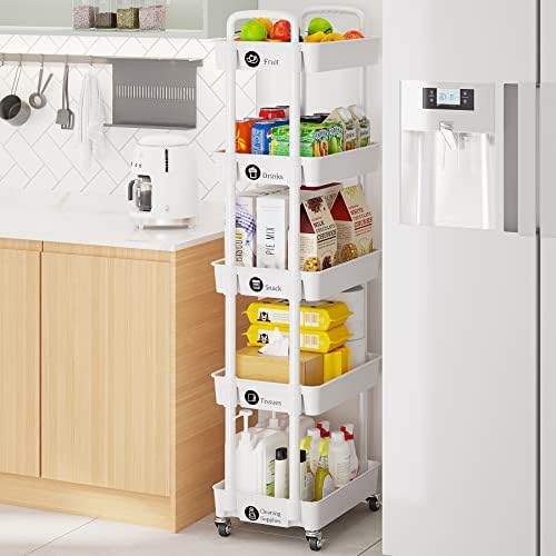 5 Tier Rolling Cart with Wheels, Utility Storage Carts,White