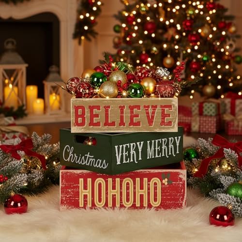 3 Pcs Christmas Wood Crate with Words Merry Christmas Believe