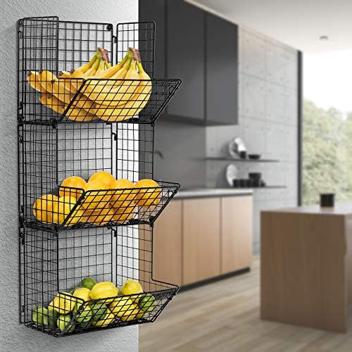 Sorbus Hanging Fruit Basket Wall Mounted Wire Metal Bins - 3 Tier Storage Bas...