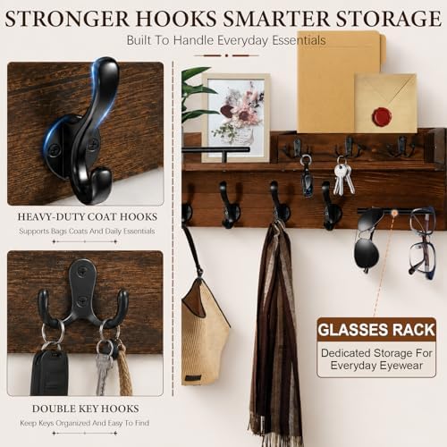 Wooden Wall Mounted Coat Rack for Entryway, Coat Rack Wall Mount with Shelf