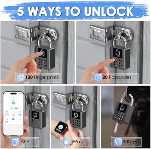 Smart Fingerprint Padlock with Code,Heavy Duty Combination Lock with Key,Blue...