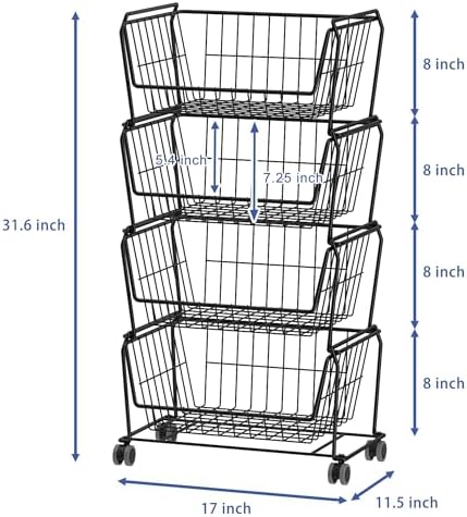PUSDON 4-Tier Spacious Stackable Wire Storage Baskets with Wheels, Metal Roll...