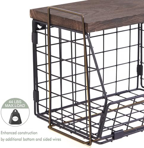 Wall Hanging Baskets 2 Pack Wooden Top Floating Wire Shelves (Large)