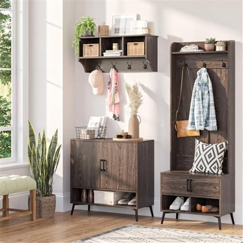 RiverRidge Home Woodbury Collection Cubbies and Hooks Wall Shelf, Dark Weathe...