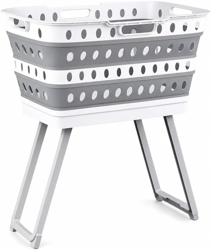 Collapsible Laundry Basket with Wheels & Folding Legs - 13.5 Gallon (51L) Large Foldable Pop-Up Clothes Hamper, Ergonomic Elevated Height, BPA-Free, Space Saving for Home & Dorm (Grey/White)
