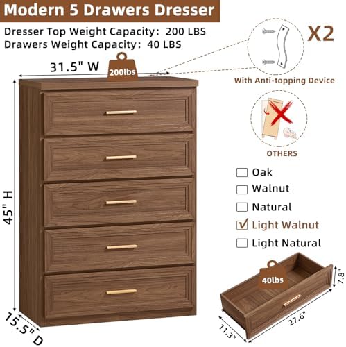 RWYHG Dresser for Bedroom 5 Drawer 45" Tall with Gold Handle Closet Storage