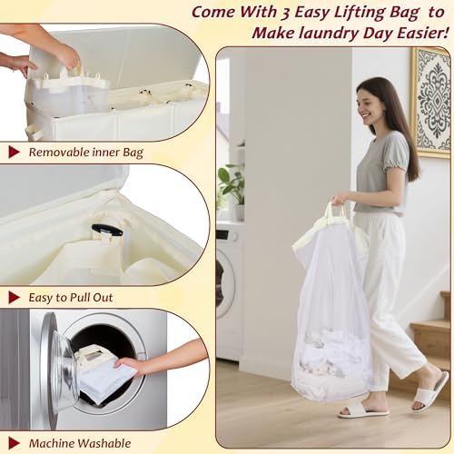 195L Laundry Hamper 3 Section,Large Laundry Hamper with Lid,Dirty Clothes Ham...
