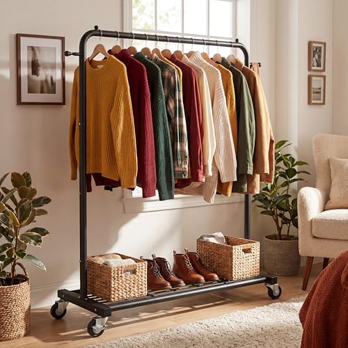 Sywhitta Metal Clothing Rack on Wheels with Mesh Shelf, for Clothes,Black