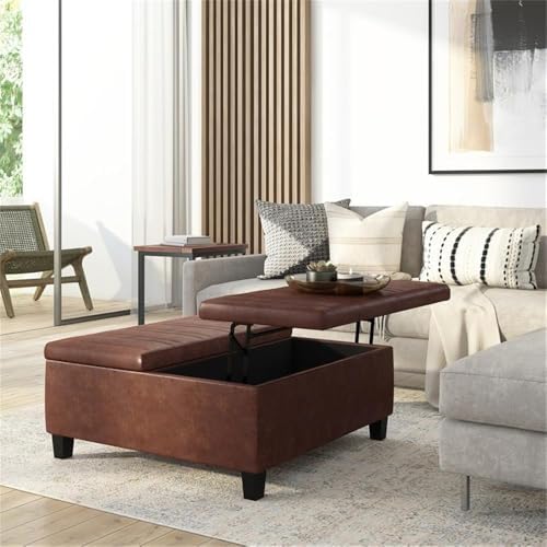 SIMPLIHOME Ellis 36" Wide Vegan Leather Storage Ottoman in Saddle Brown