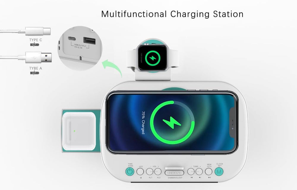 Emerson CKSW5010 Smartset Wireless Charging, Dual Alarm FM Clock, Bluetooth R...