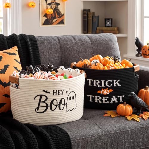 Potchen 2 Pcs Halloween Boo Cotton Rope Basket with Handles