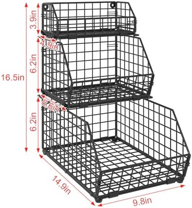 3-Tier Fruit Basket for Kitchen Counter, Stackable Wire Baskets Wall, Potato ...