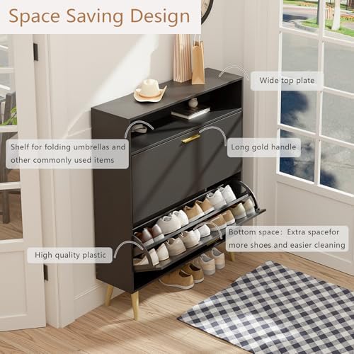 LYNSOM Modern Entryway Shoe Cabinet with 2 Flip Drawers and Open Storage, Bla...