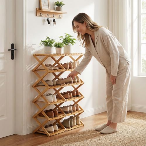 The 9-Tier No-Assembly Bamboo Rack, 7 Tier Bamboo Shoe Rack, Foldable Bamboo ...