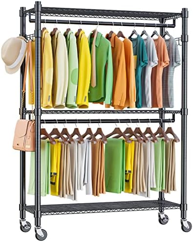 Homdox Double Rod Closet 3 Shelves Wire Shelving Clothing Rolling Rack Heavy ...