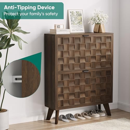 Smuxee Walnut Shoe Cabinet with 2 Flip Drawers, 29.6" Hidden Shoe Storag...