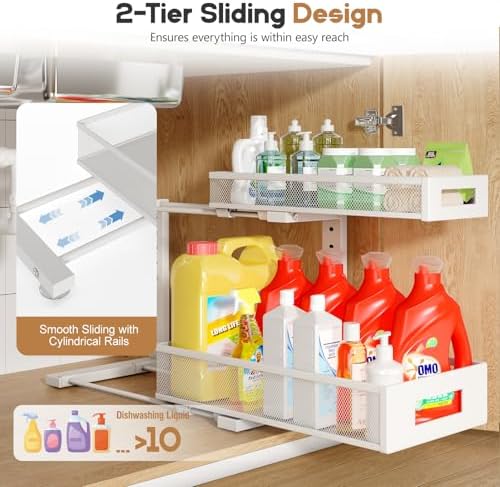 2 Pack 17IN Depth Under Sink Storage Organizer, Large 2-Tier Elegant Mesh Pul...