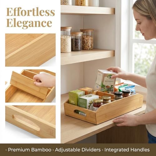 Pumtus 2 Pack Bamboo Pantry Organizers, Storage Bin with Removable Dividers, ...