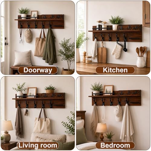 Wooden Wall Mounted Coat Rack for Entryway, Coat Rack Wall Mount with Shelf