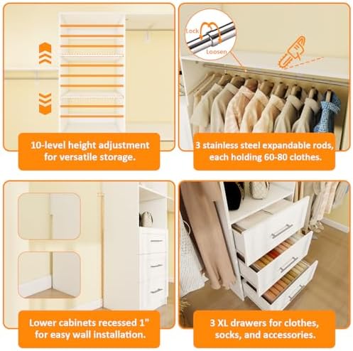 Closet System with Drawers, 5FT-8FT Closet Organizer System with Shelves &...