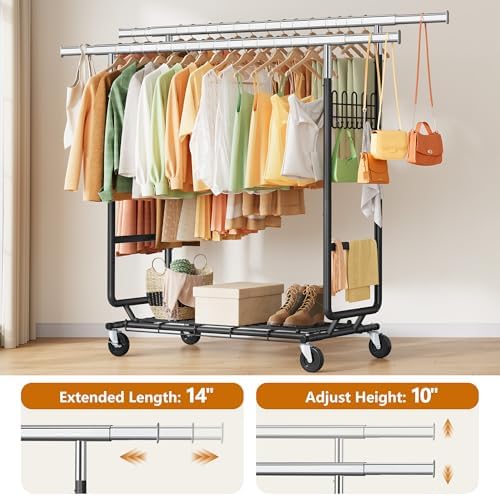 Gewudraw Clothes Rack Heavy Duty Load 900 Lbs with Wheels, Double Rod,Black