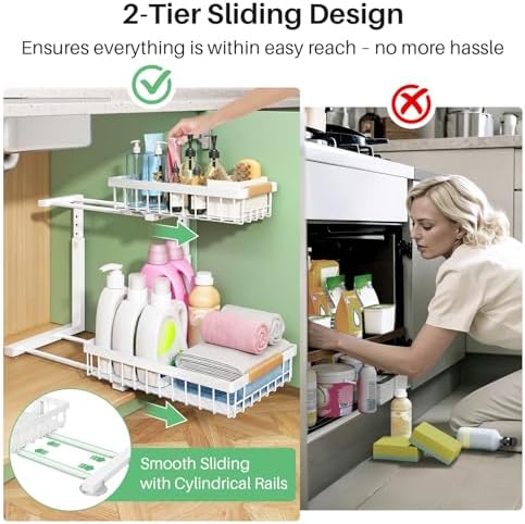 Kitstorack Under Sink Organizer, 2 Tier Under the Sink Storage, Slide out Pul...