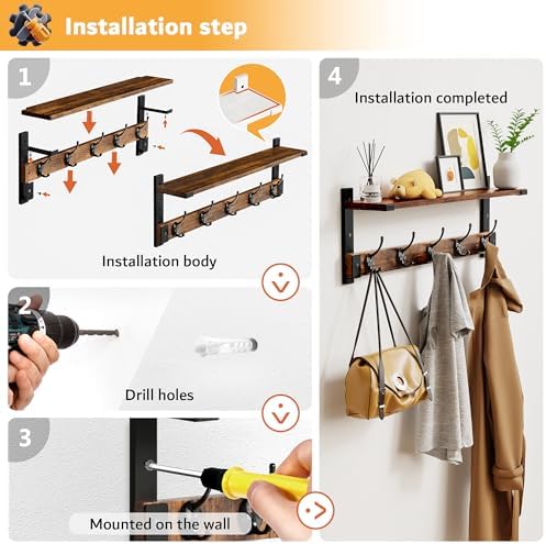 Oraich Coat Rack Wall Mount with Hooks and Shelf for Coat, Backpack, Key, Clo...