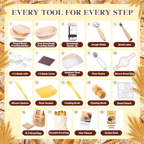 Umite Chef Sourdough Starter Kit, Banneton Bread Proofing Baskets Set