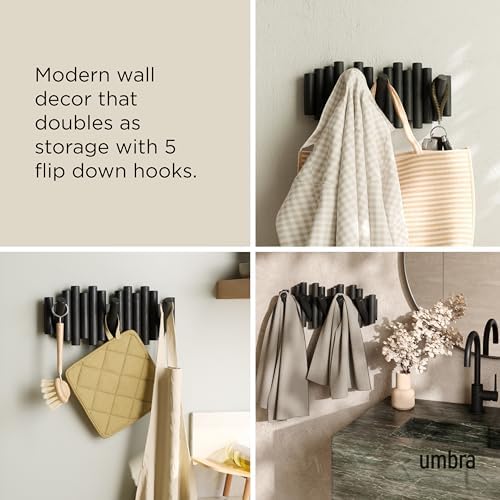 Umbra Picket Coat Rack, Wall Mount 5 Flip-Down Coat Hooks, Black