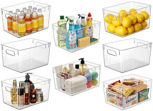 Hudgan 8 Clear Plastic Storage Bins for Pantry Organizer, Kitchen Cabinet