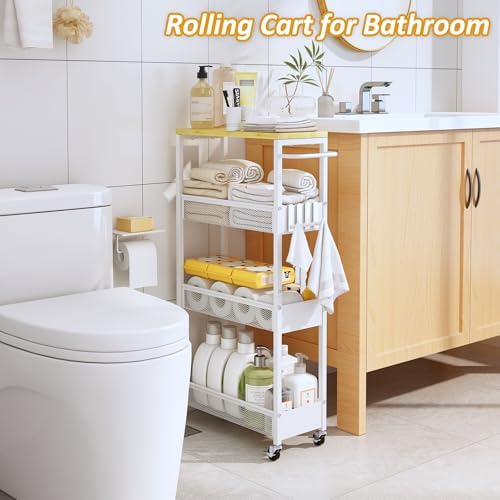7.1" Wide Slim Storage Cart on Wheels, 4 Tier Metal Narrow Rolling Cart ...