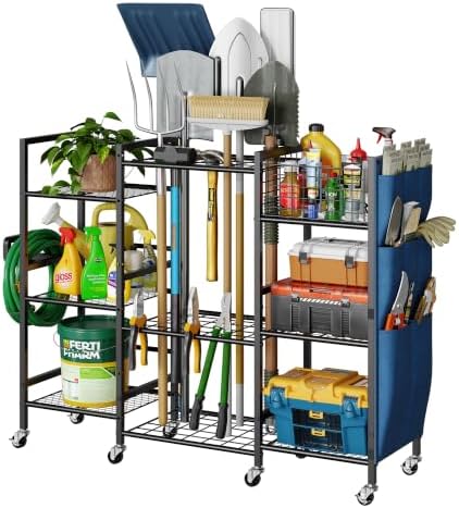 keomaisyto 3-Sided Garden Tool Organizer with Wheels, Garage Storage Rack