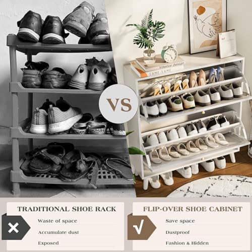 Fsbecl Shoe Storage Cabinet for Entryway with 2 Fluted Flip Drawers, White