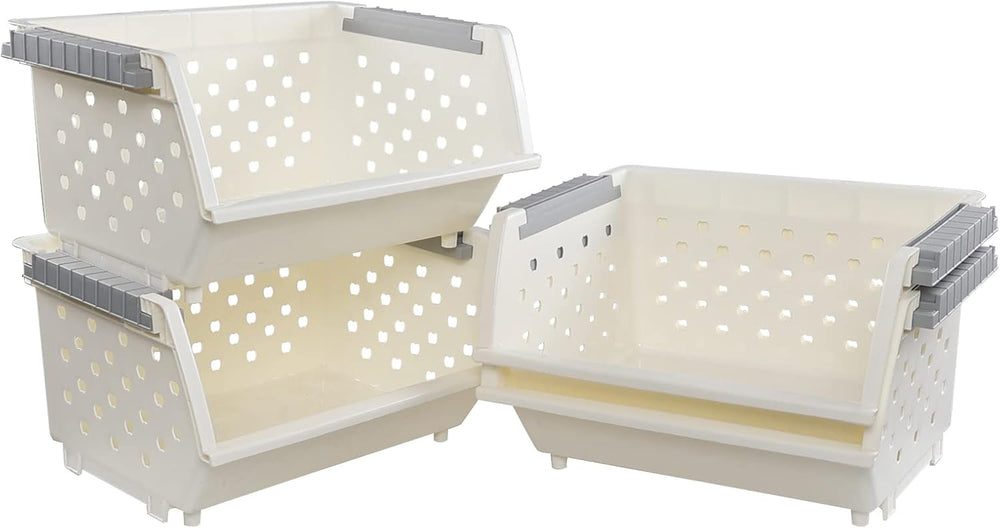 4 Tier Stacking Plastic Basket, Large Stackable Storage Bins Open Front