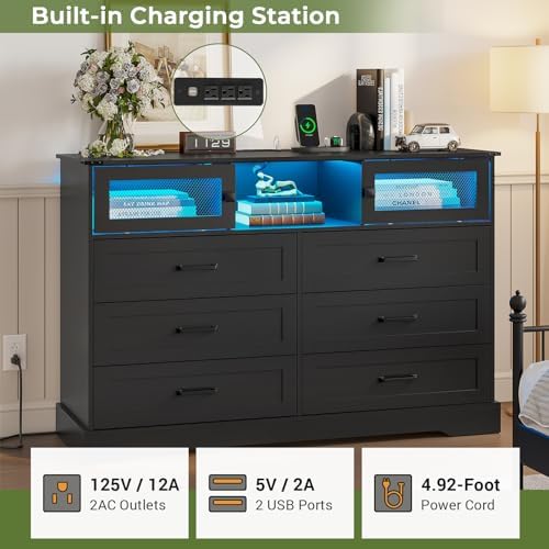 Hasuit 6 Drawer Dresser with LED Lights and Charging Station, Farmhouse Chest...
