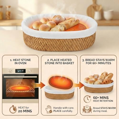 YANGQIHOME Bread Warmer Basket with Stone, Tortilla Warmer, Rattan Bread Bask...